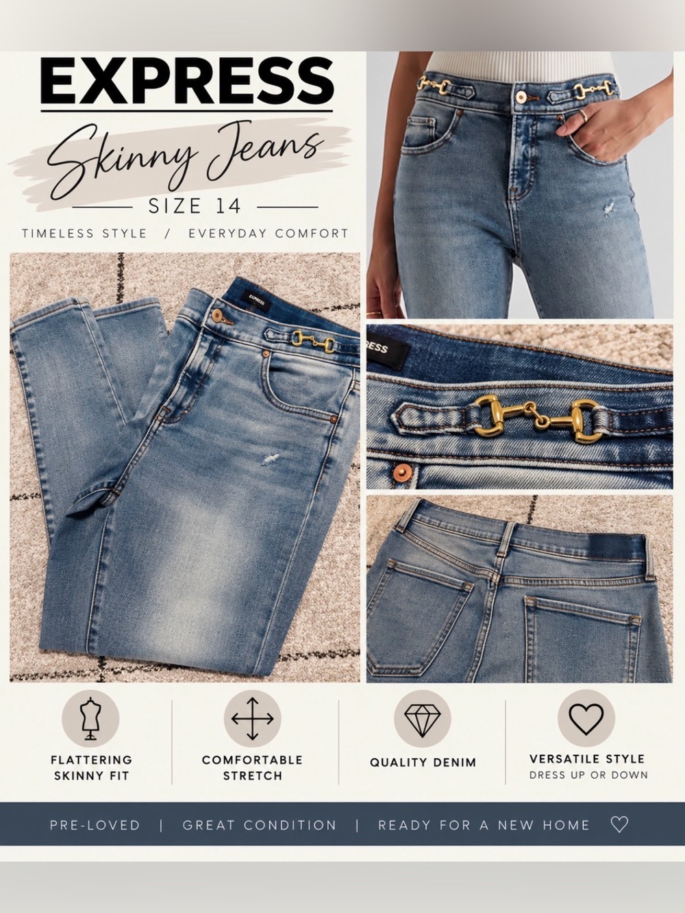 Express Light Blue Skinny Jeans with Gold Chain Accent